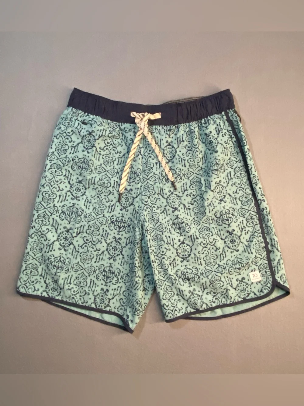 Aqua Printed Bermuda Swim Shorts with Navy Waist